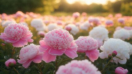 Fototapeta premium Blooming pink peonies and lavender flowers in a dreamy summer field at sunrise. Soft pastel tones and warm morning light create a peaceful, romantic atmosphere