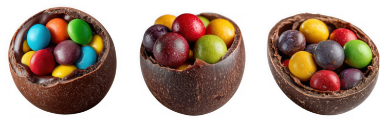 Three chocolate easter eggs are cracked open revealing a colorful assortment of small candycoated chocolate balls spilling out a festive treat isolated on transparent background