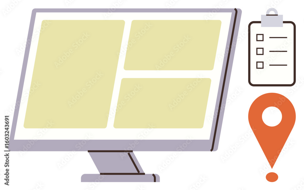 Poster computer screen with a grid layout, checklist clipboard, and location pin. ideal for productivity, o