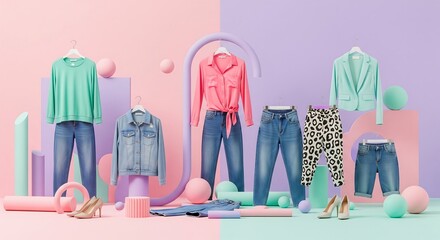 Fashionable clothing items displayed with pastel colors and geometric shapes for a modern aesthetic