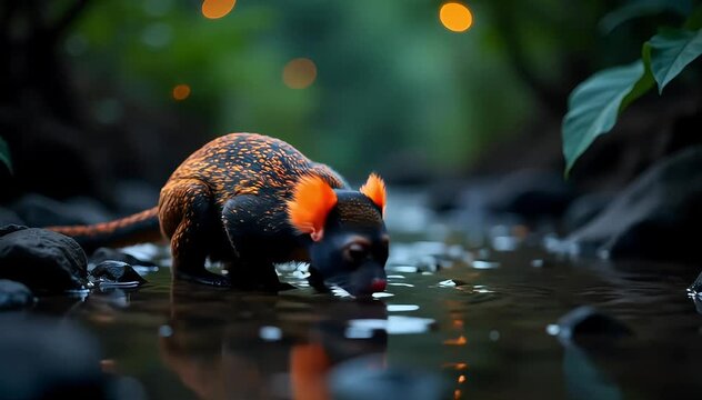 Pygmy marmoset walking slowly through the grass