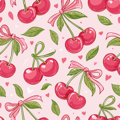 Cherries with pink bows seamless pattern on pastel background. Ideal for feminine design, summer packaging, fabric, wrapping paper, and cute product branding.