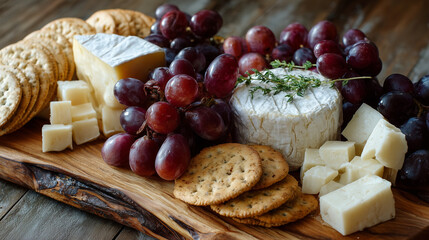 Artisan cheese board with grapes and crackers