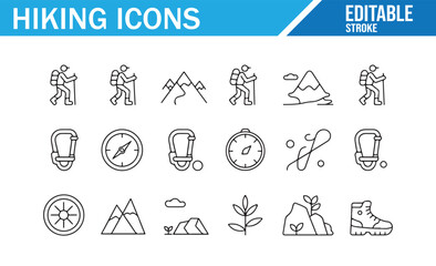 Collection of hiking icons representing mountain climbing, exploration, and outdoor gear