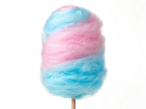 Fluffy pink and blue cotton candy on a stick against a white background
