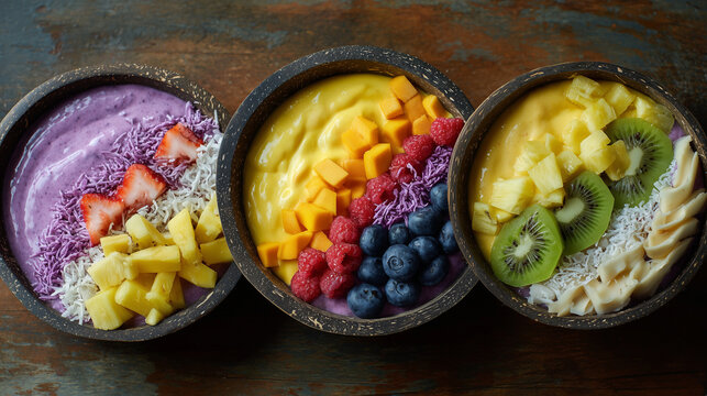 Colorful smoothie bowls with tropical fruit toppings