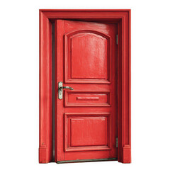A vibrant red paneled wooden door slightly ajar revealing a hint of darkness within set against a clean transparent background