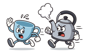 Cartoon cup running away from an angry kettle in a playful chase