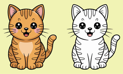 Cute Cartoon Cat Coloring Page Set - Ginger and Outline Versions