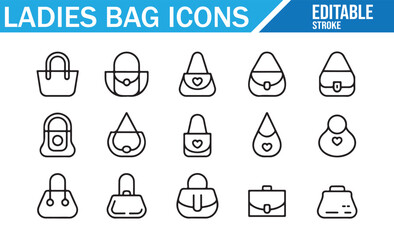 Collection of vector ladies bag icons depicting trendy purses and handbags for fashion