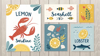Colorful flat lay of seafood-themed illustrations with fish, crab, lemons, and ocean elements. Playful and artistic design perfect for culinary, marine, or children's content.