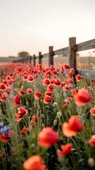 Golden Hour Meadow with Pink Cosmos and Poppies, Dew-Kissed Petals, and Soft Sunlight in a Dreamlike Natural Landscape