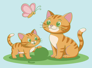Happy Cartoon Cat Family with Butterfly - Adorable Feline Illustration