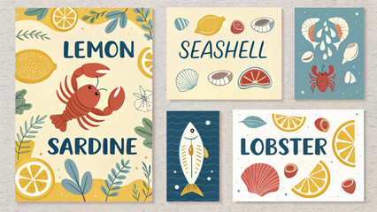 Colorful flat lay of seafood-themed illustrations with fish, crab, lemons, and ocean elements. Playful and artistic design perfect for culinary, marine, or children's content.