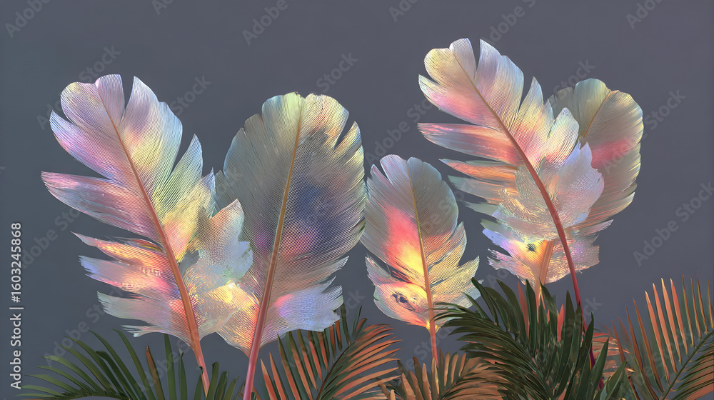 Poster vibrant tropical leaves with iridescent textures, showcasing a stunning array of colors against a so