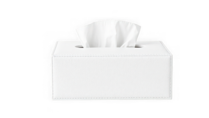 A white tissue box with a single tissue pulled out presented on a clean transparent background for everyday use