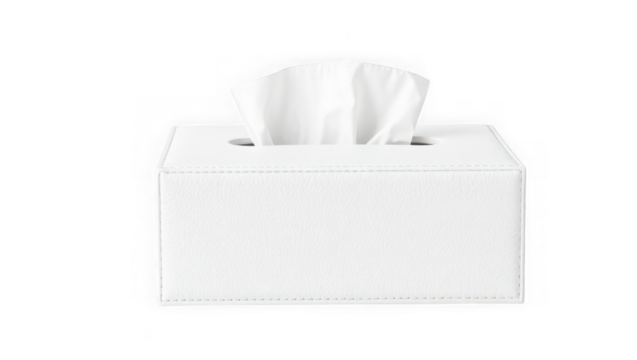 A white tissue box with a single tissue pulled out presented on a clean transparent background for everyday use