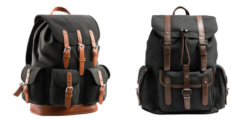 Naklejka premium Set of cool looking black backpack with leather accents isolated on a transparent background