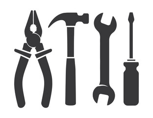 Hand Tools Vector Illustration Set Pliers Hammer Wrench and Screwdriver on Transparent Background for Construction and Repair Concepts