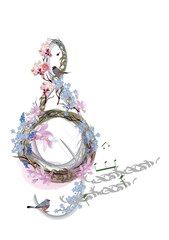 Abstract nature treble clef decorated with summer and spring flowers, notes, birds. Light and relax music. Hand drawn vector illustration.