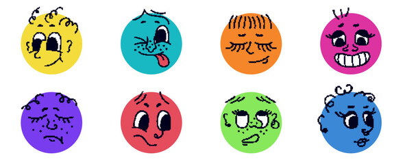 Set of funny pixel faces with diverse moods: bold emoji and avatar smiles. Happy and sad 8bit comic people set. Creative smiley art with kid expressions.
