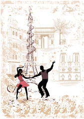 Series of backgrounds with french architecture decorated with dancing couple in Paris and street cafes. Hand drawn vector illustration.