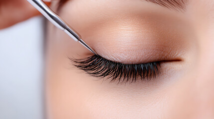 Naklejka premium Close-up: lash enhancement for striking eyes. A silver tool delicately applies product, showcasing the artistry of beauty enhancements.