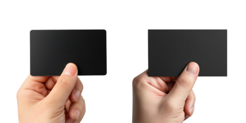Set of Hand holding blank black card isolated on a transparent background