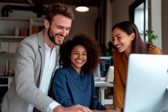 3 coworkers in a work meeting looking at a computer monitor
