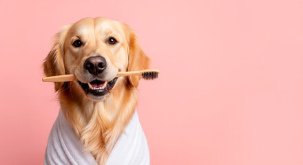 Golden Retriever holding toothbrush in mouth, wearing towel. Pet dental hygiene and animal care routine.
