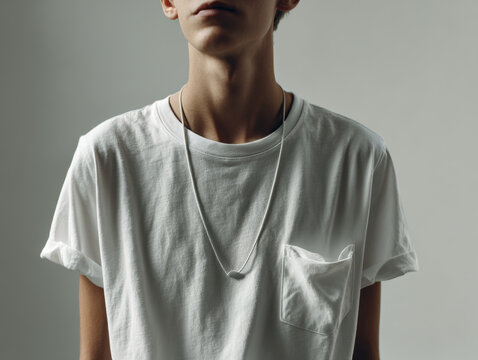 Teen boy in white T-shirt, minimalist mockup portrait with soft lighting and neutral background for design