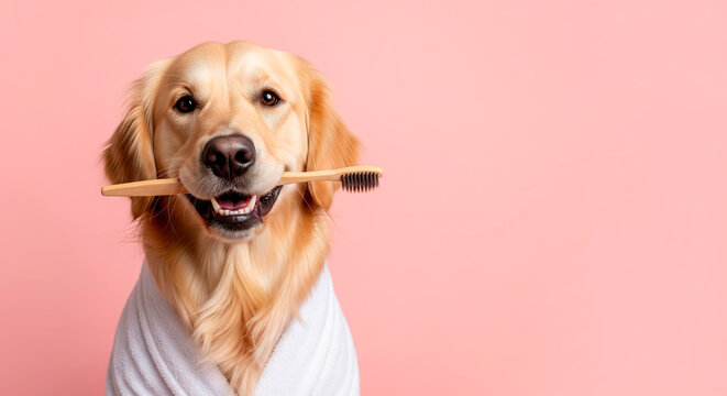 Golden Retriever holding toothbrush in mouth, wearing towel. Pet dental hygiene and animal care routine.
