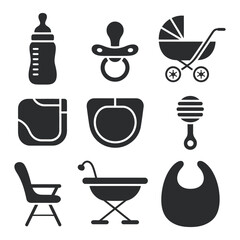Baby Care Essentials Vector Set A Comprehensive Collection of Infant Feeding Soothing and Transportation Items for New Parents and Nursery Decor