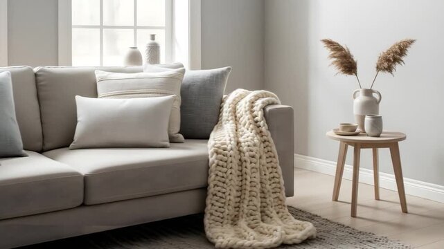 Light beige couch with patterned pillows, chunky knit throw, and decorative accents