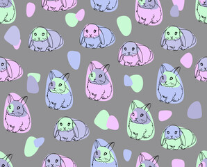 Seamless pattern with cute rabbits in line art style for wrapping paper.