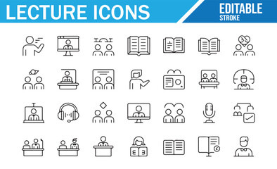 Editable education icons illustrating lecture sessions, study groups, and online classes


