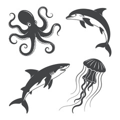Oceanic Wildlife Collection Octopus Dolphin Shark Jellyfish Vector Illustration Marine Animals Sea Creatures Underwater World Aquatic Life Design