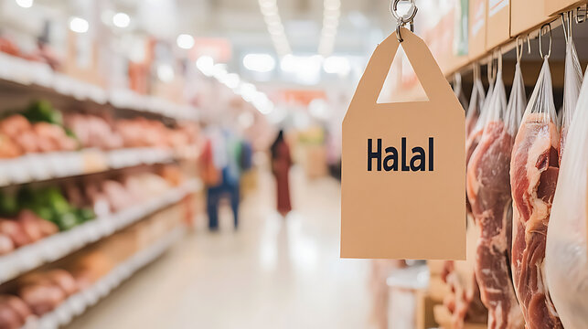Halal meat section in a grocery store. Freshly cut meat hanging on display. Shoppers in the background. Aisles are full of produce and meats. Shopping for halal products.