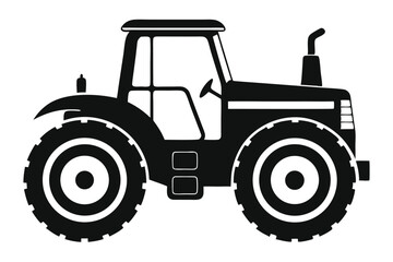 Black Tractor Illustration Farm Vehicle with Large Wheels, Cabin, and Chimney Depicted Sideways