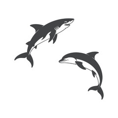 Shark and Dolphin Silhouette Vector Illustration Swimming Together in the Ocean Depths, Marine Wildlife, Aquatic Predators and Friendly Sea Creatures