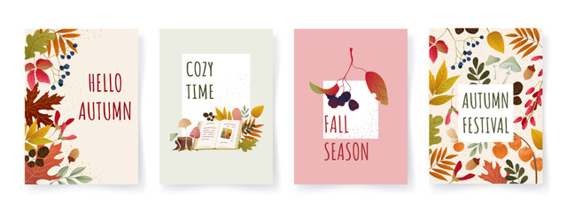 Set of cozy autumn cards with colorful leaves, berries. Thanksgiving day trendy backgrounds. Fall vector illustrations for seasonal card, poster, print, social media, sale, advertisin, banner design