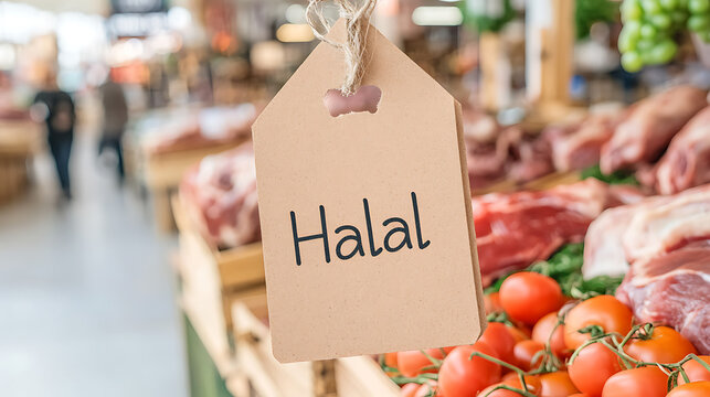 Halal meat and produce at a local marketplace. Fresh meat, tomatoes, and greens for sale at a market with religious certification, indicating it adheres to specific dietary guidelines. - Powered by Adobe