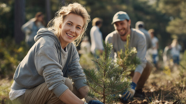 Happy Volunteers Planting Trees Together in a Community Reforestation Effort