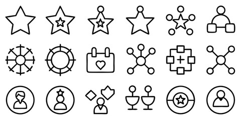 Various simplified icons featuring stars, connections, and people  