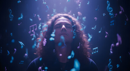 Immersed in Melody A Person Surrounded by Musical Notes in a Serene Atmosphere