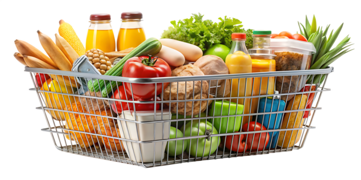 shopping basket with packaged goods isolated on white background PNG ,AI GENERATED