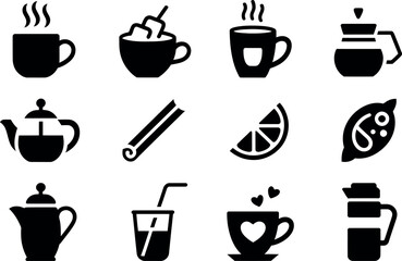 Bold Black Coffee and Tea Icons:  Cozy Beverage Set Graphics