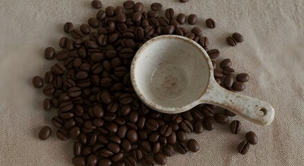 Coffee beans scattered on linen cloth with ceramic scoop