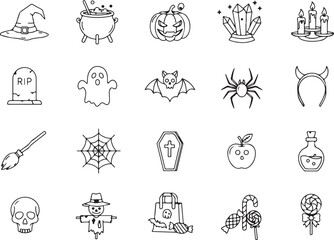 Halloween vector icon pack, spooky celebration symbols, witchcraft and ghost graphics, scary seasonal decorations for digital projects, posters, crafts, invitations, and social media