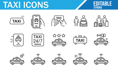 Collection of taxi and ride-sharing icons with customer reviews, app booking, and vehicles